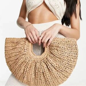 Ramla Bohemian Tan Hobo Straw Bag Half moon 
Round Women Handbags Half moon